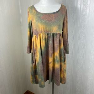 Egy California Babydoll MIDI Dress Brown Earth Tone Hippie Women Large